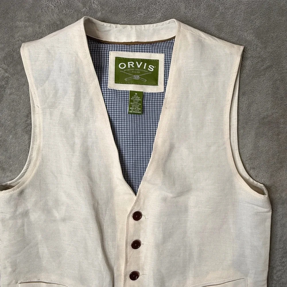 Orvis Hemp Organic Cotton Vest Mens M Gigham Plaid lined Heritage Minimalist‎